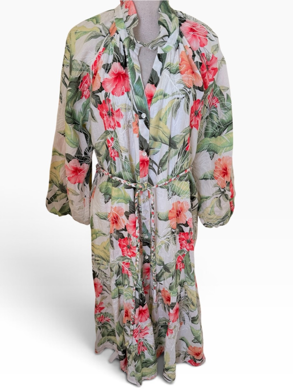 Tommy Bahama Daybreak Hibiscus" Green/Pink Floral Tiered 3/4 Sleeve Midi Dress - Picture 2 of 12